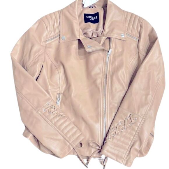 GUESS Women's Faux-Leather Asymmetric Moto Coat leather jacket size XXL latte - Picture 8 of 11